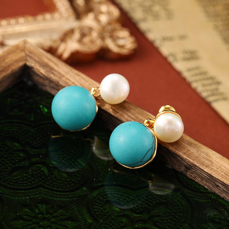 Sterling Silver Freshwater Pearl and Turquoise Retro Earrings - Unique Autumn/Winter Design