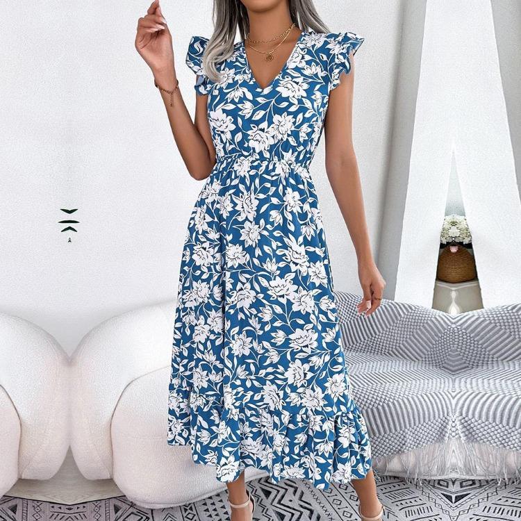 Sommer Damen Blumen V-Ausschnitt Ärmellos Urlaubs-Kleid Hohe Taille Holzohr-Kante Design