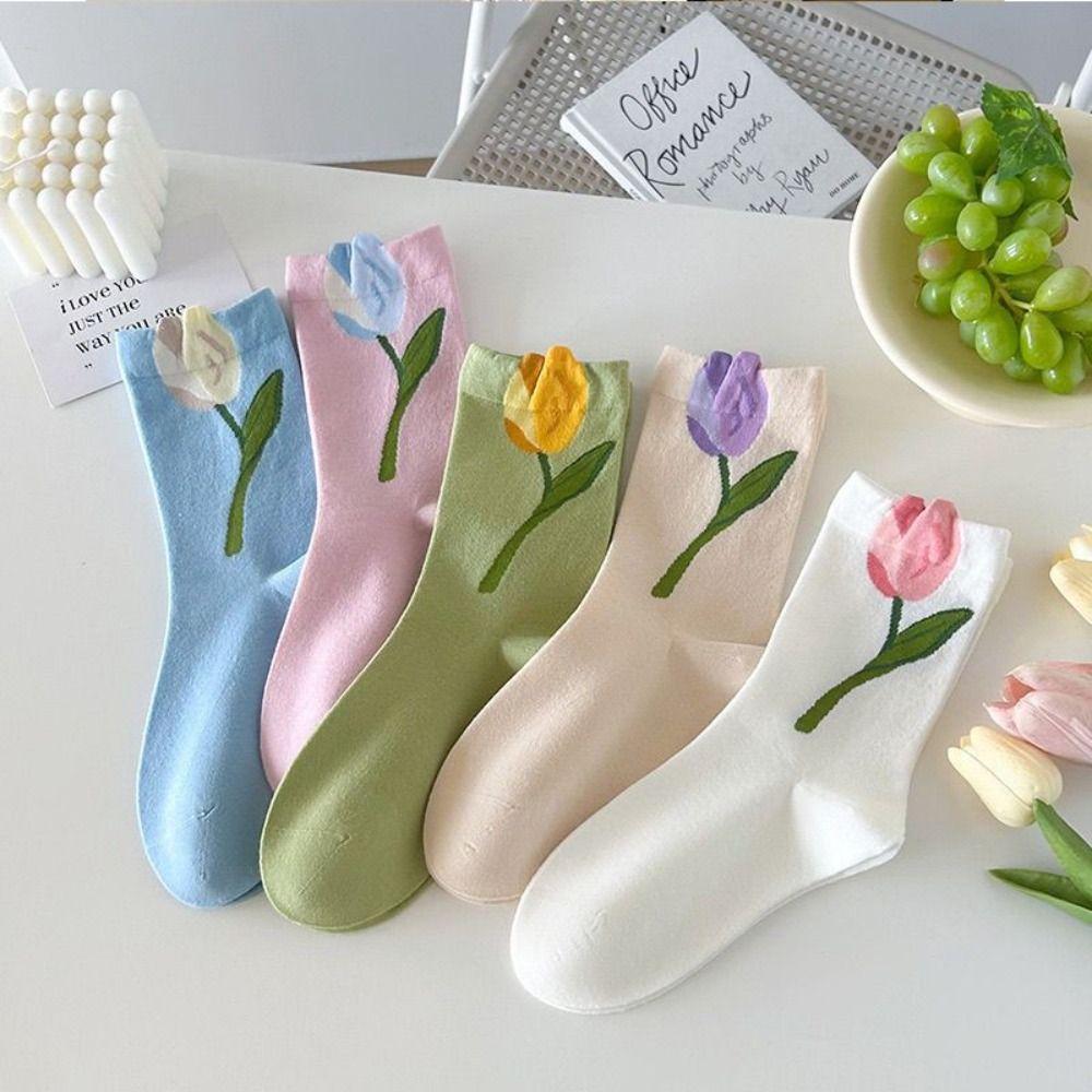 5Pairs Sweet Tulip Flower Socks Thin Socks for Women Soft Mid Tube Socks  Girl