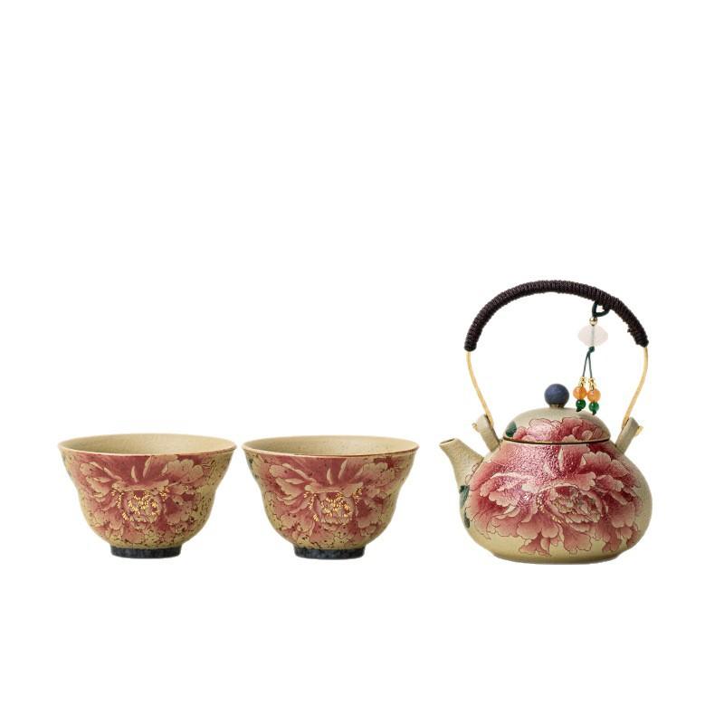 Kiln Blue White Flint Red Peony Loop Handle Teapot Set with Cups Ceramic Gongfu Tea Set Handmade Chinese Gift for Home Office