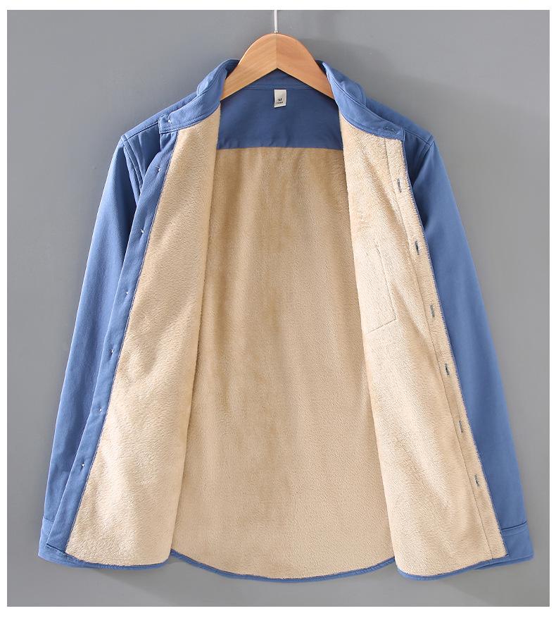 Men's Winter Cotton Velvet-Lined Warm Square Collar Shirt Jacket