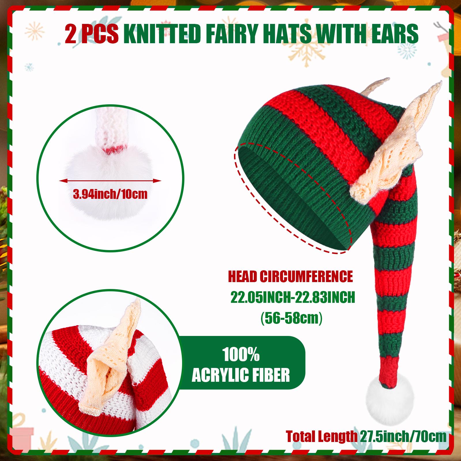 2 Pack Christmas Knitted Elf Hats With Ears Crochet Super Long Striped Santa Elf Hats Christmas Knitted Santa H-Ats Winter Santa