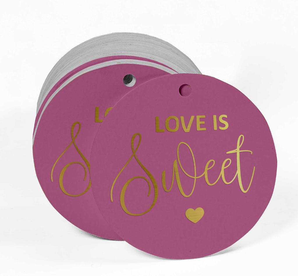 Inkdotpot 100 - Confezione da 100 etichette in carta stagnola color oro vero Love Is Sweet bomboniera da appendere