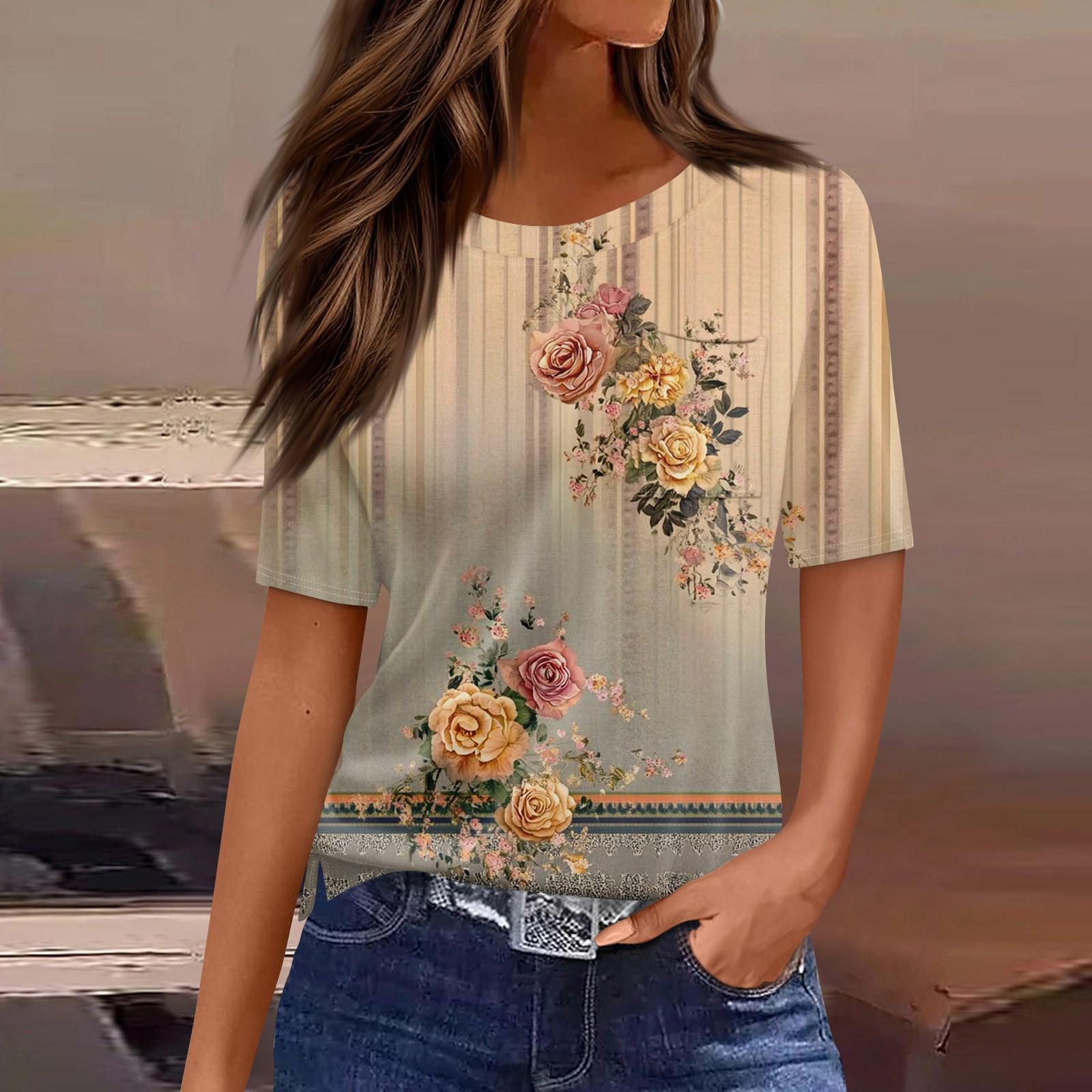 

Жіноча футболка з вінтажним квітковим принтом і короткими рукавами з круглим вирізом і кишенею M Темно-синій