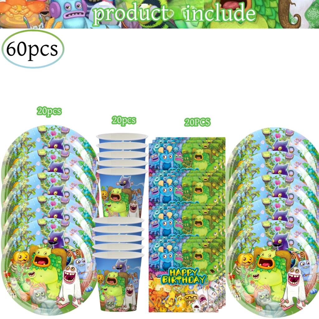 My Singing Monsters Födelsedagsdekorationer 20 personer Engångsservis Duk Tallrik Baby Shower Barnpresent Gåva Pojkfest Tillbehör