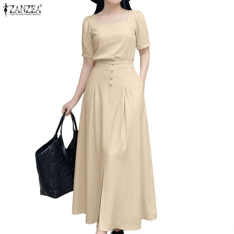 ZANZEA Women Short Sleeve Blouse and Long Skirts Casual Two Piece Suit Sets