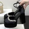 Luxury Crystal Design Chunky Platform Sandals Women Sexy Round Toe Super High Heeled Fashion Satin Ankle Strap Prom Pumps Female