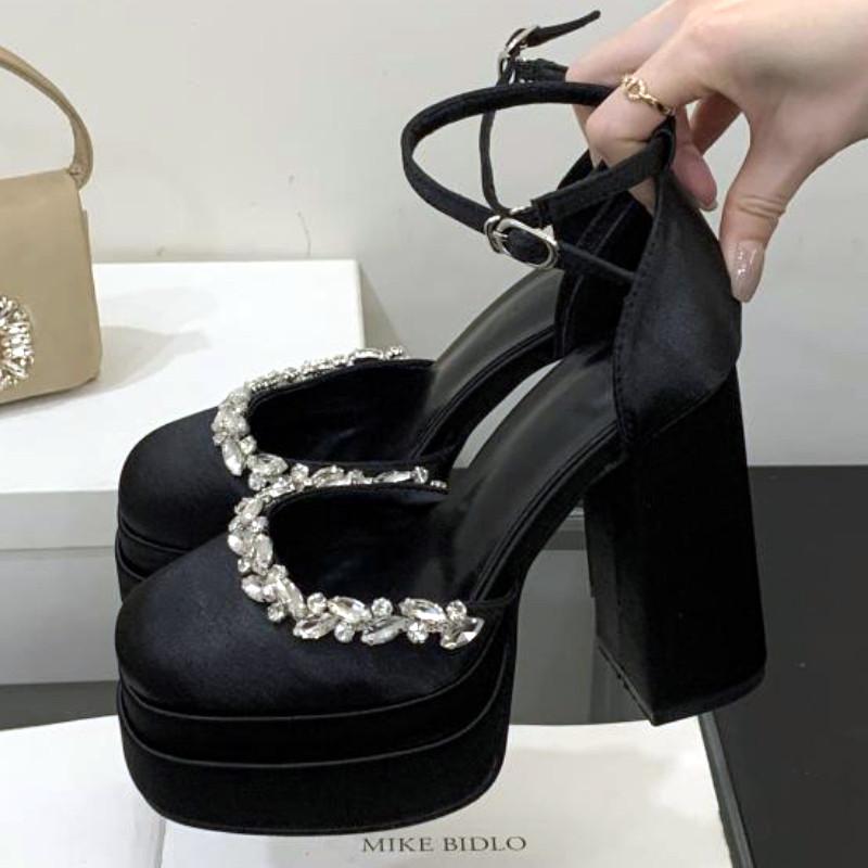 Luxury Crystal Design Chunky Platform Sandals Women Sexy Round Toe Super High Heeled Fashion Satin Ankle Strap Prom Pumps Female