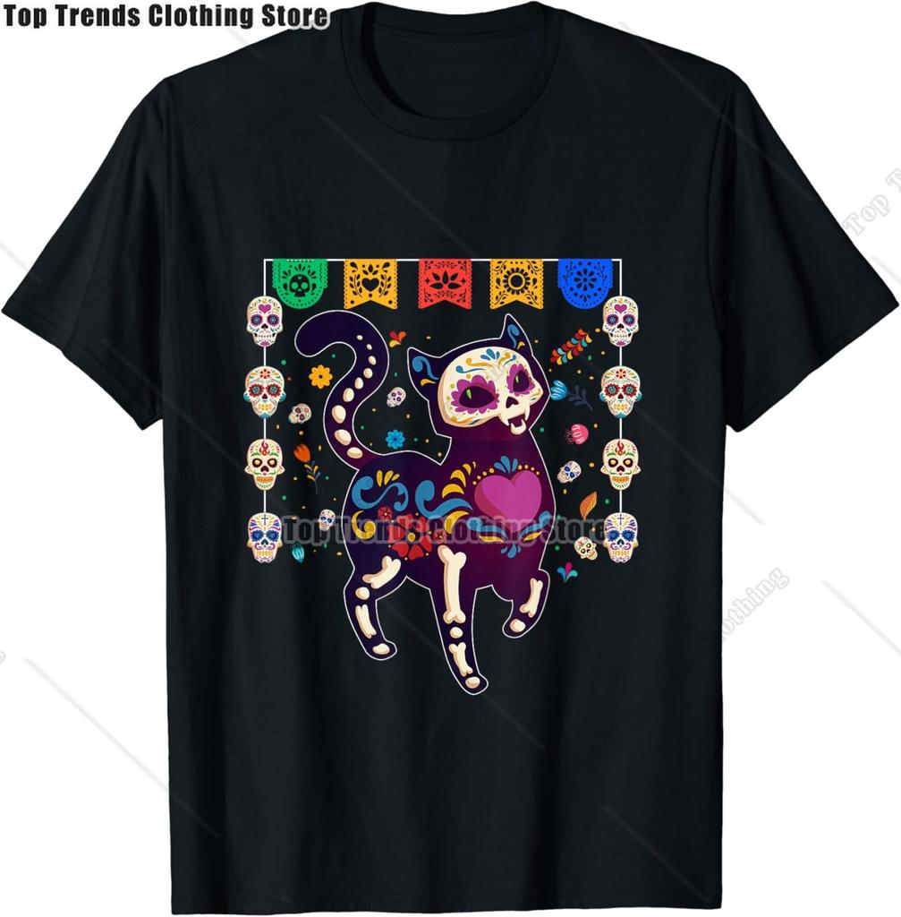 Cute Sugar Skull Cat Dia De Los Muertos Day of The Dead TShirt Mexican Summer Fashion Short Sleeved Tee TopsCasual Tshirt
