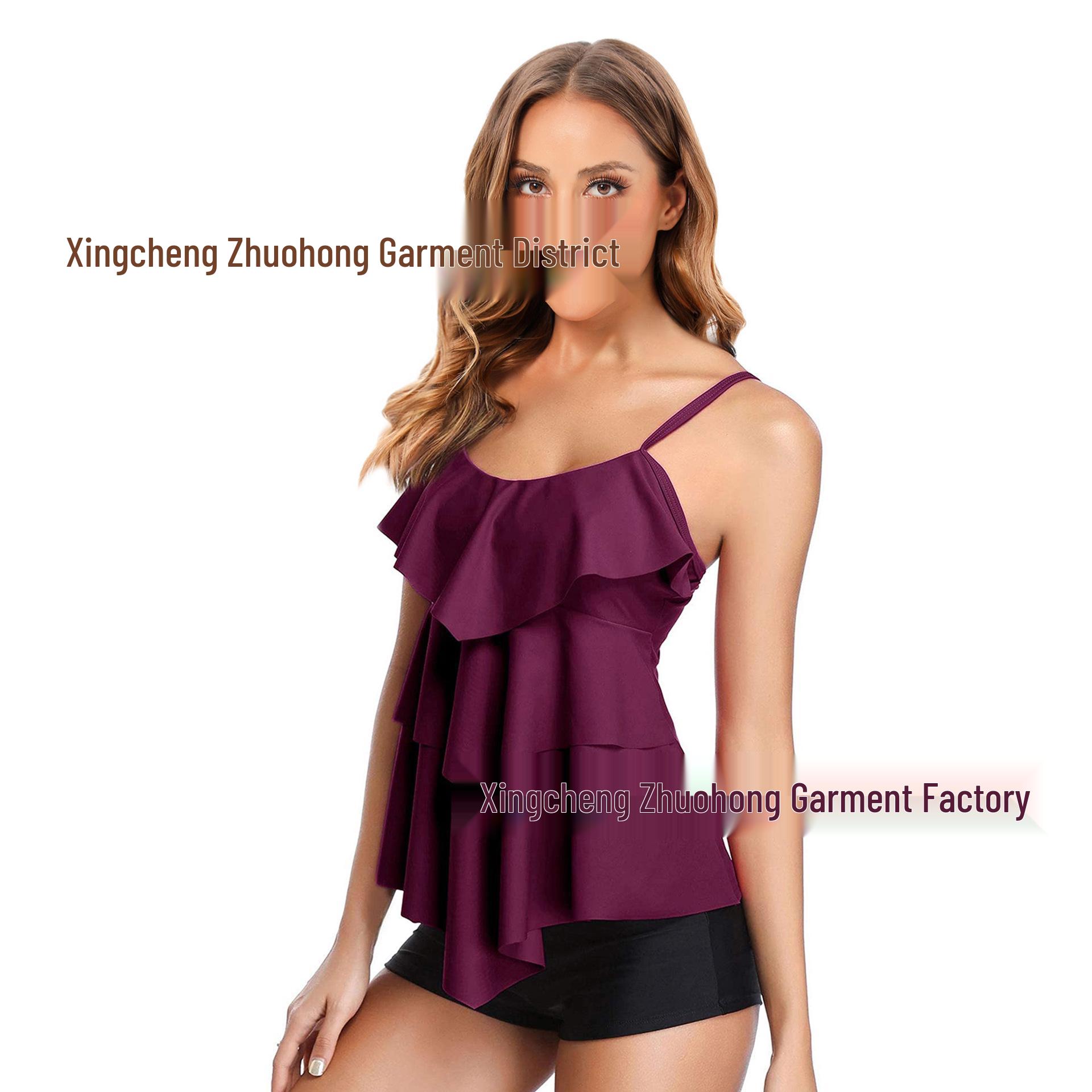 

European & American Women s Ruffle Split Tummy-Covering Two-Piece Swimsuit Large