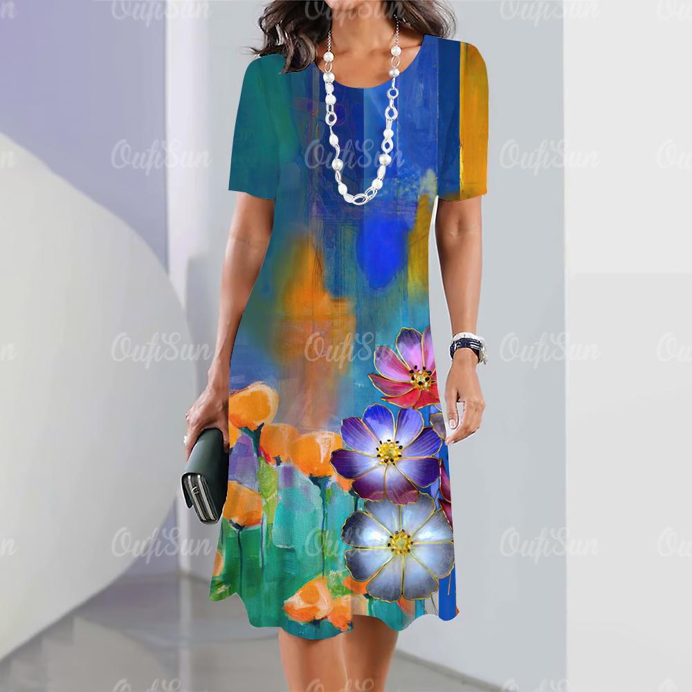 Women's Dresses 2024 Summer Women's Dresses Vintage Printing Travel Party Dresses Elegant Casual Loose Short Sleeve Blouse Y2k