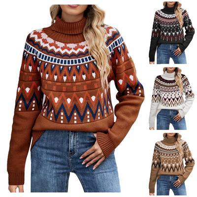 Modny damski sweter w kolorowe paski w stylu retro z golfem