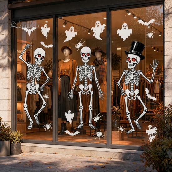 Long-lasting Color Glass Decal 3Pcs Halloween Skeleton Stickers, Waterproof PVC Window Clings, Static Decals, Rent-friendly Removable Stickers