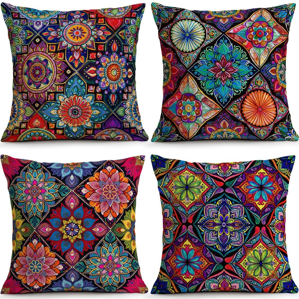 Set 4 Huse Pernă Decorativă Mandala Alb Crem Auriu Huse Elegante Luxe pentru Canapea Living Dormitor Decor Acasă