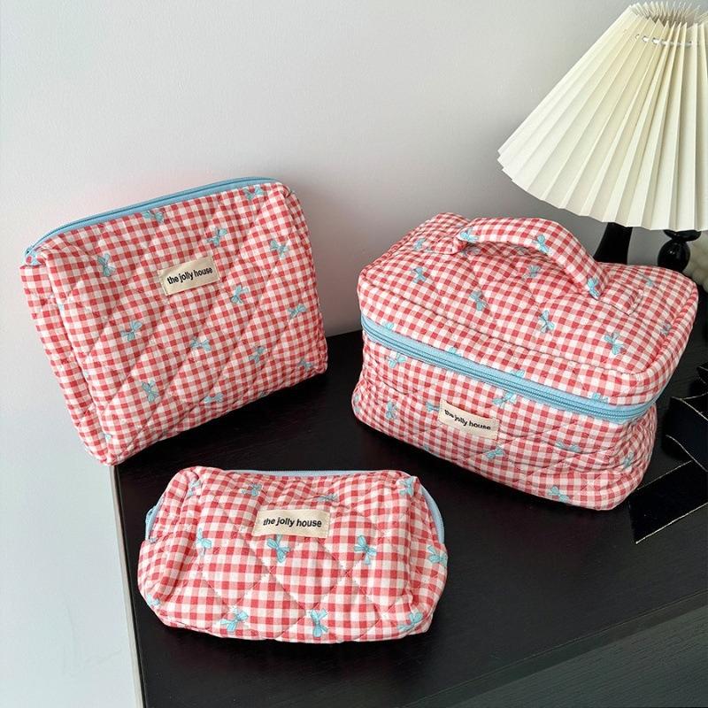 Cute Bow Cotton Cloth Makeup Bag Women Zipper Cosmetic Organizer Female Handbag Box Shape Portable Toiletry Case for Girls