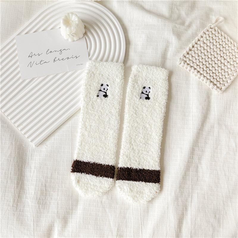 Autumn and Winter Half-fleece Cute Panda Socks for Women, Thickened Coral Fleece Warm Embroidered Cartoon Panda Mid-calf Socks