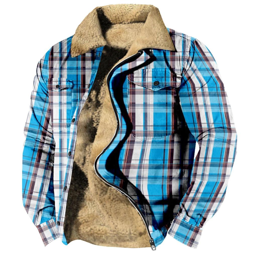 Men's Plaid Print Fleece Thickened Coat Jacket Men's Casual Fashion Warm Coat