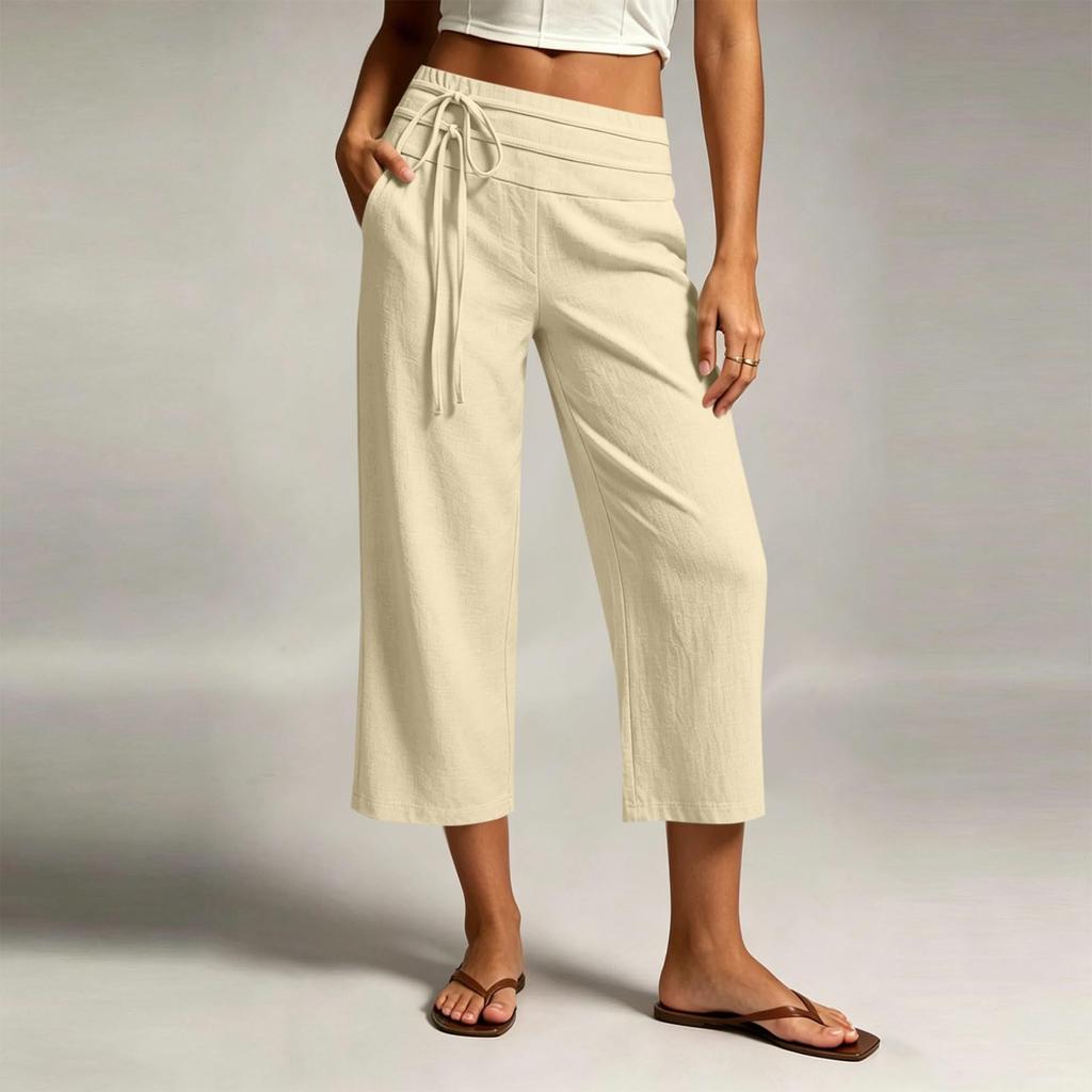 Women Casual Wide Leg Cropped Pants Elastic Waistband Drawstring Loose Fit Capri Trousers Lightweight Breathable Fabric