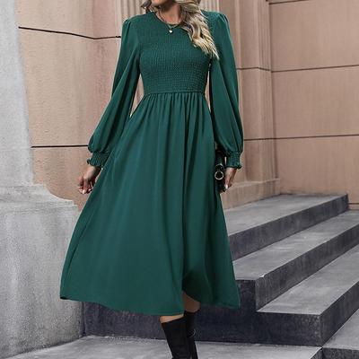 Frauen Herbst Winter Soild Elegante V-ausschnitt Spitze Mid-Länge Hohe Taille Kleid