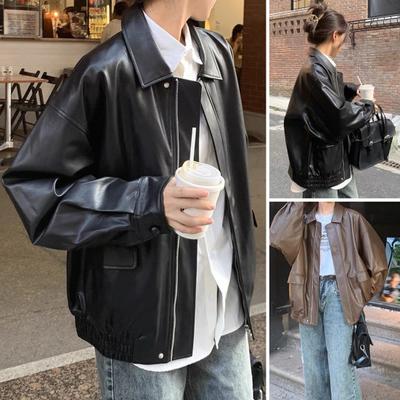 Women Jacket Faux Leather Smooth Surface Turn-down Collar Zip-up Long Sleeves Elastic Hem Pockets