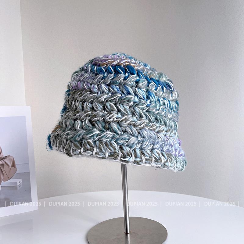 Autumn Winter New Dopamine Color Coarse Wool Knitted Bucket Hat Women'S Warm And Versatile Big Display Washbasin Hat