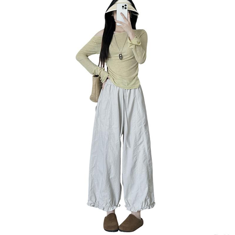 High Waist Loose Casual Women Pants Solid Color Fashion Wide Leg Pants Female Summer Nine Point Pants 2025