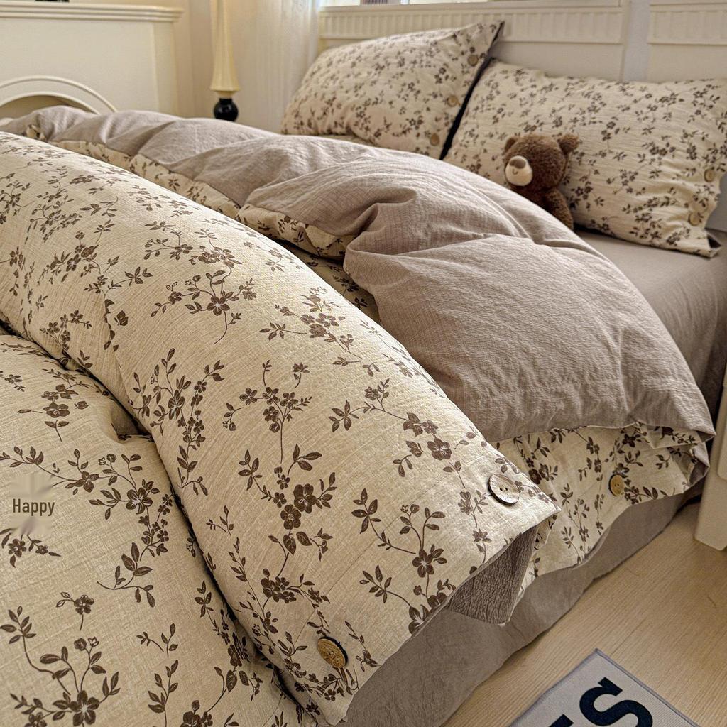 Washed Cotton Linen Floral Button Style Bedding Set (3-Piece)