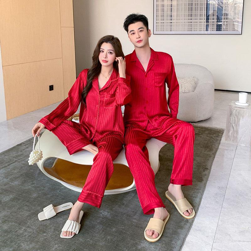 Elegant Silk Couple Pajamas Set: Women's Spring/Summer Long Sleeve & Pants in Red Wedding Design, Plus Size Men's Homewear.