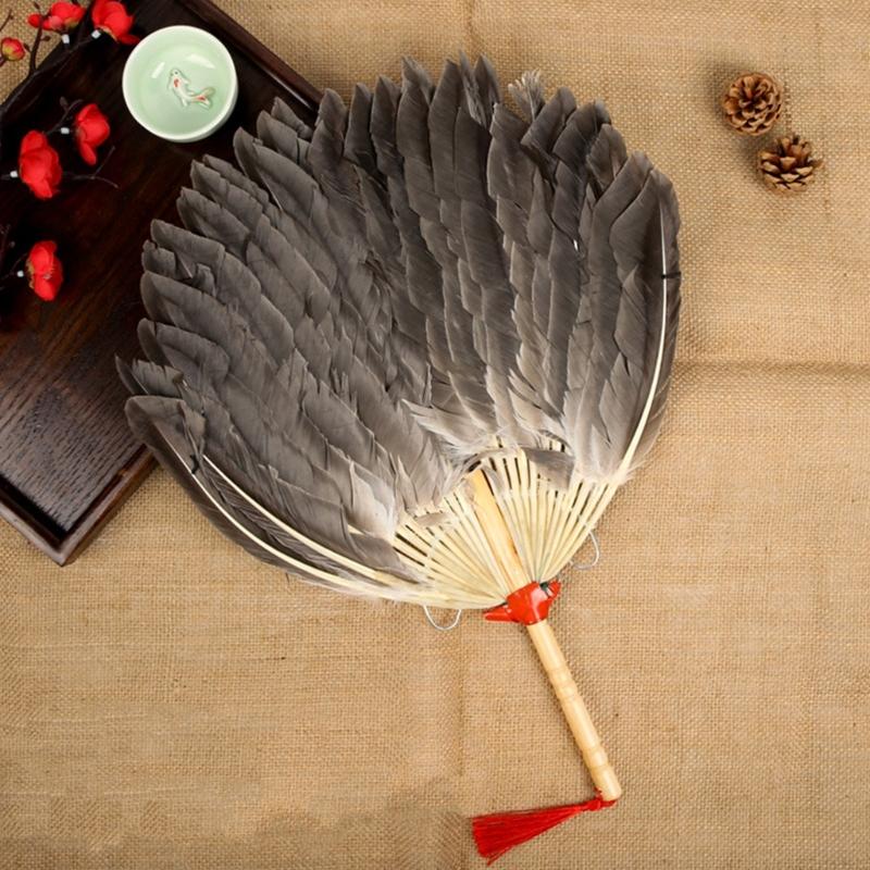 Vintage Chinese Fan Gooses Feather Wedding Party Fan Dance Feather Hand Fan Photograph Props Wood Craft Decorations Fan