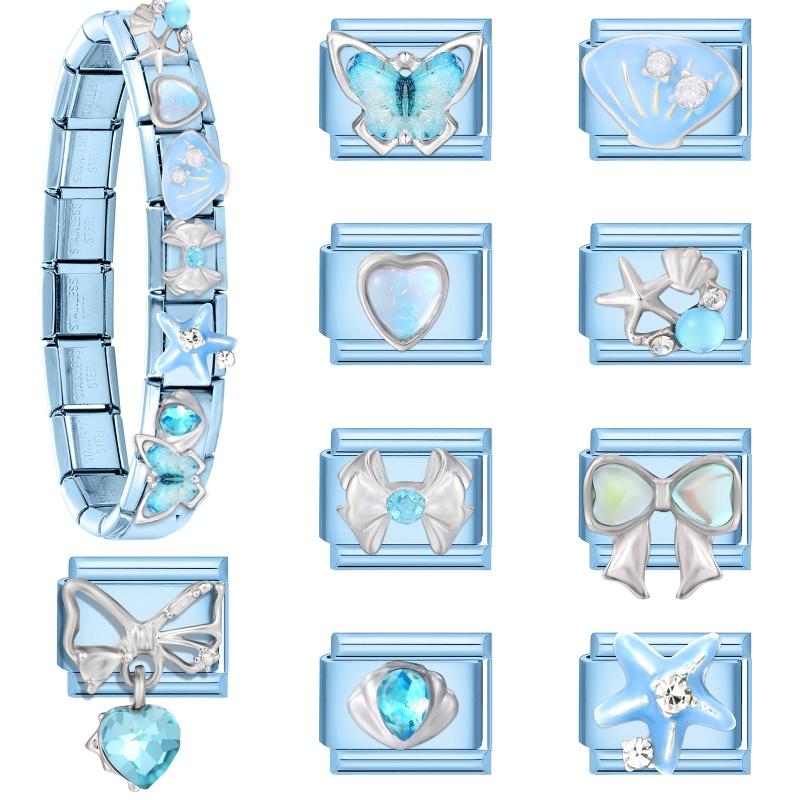 New Shiny Zircon Heart Butterfly Bow Heart Blue Module Italian Charm Links Fit 9mm Stainless Steel Bracelet DIY Making Jewelry