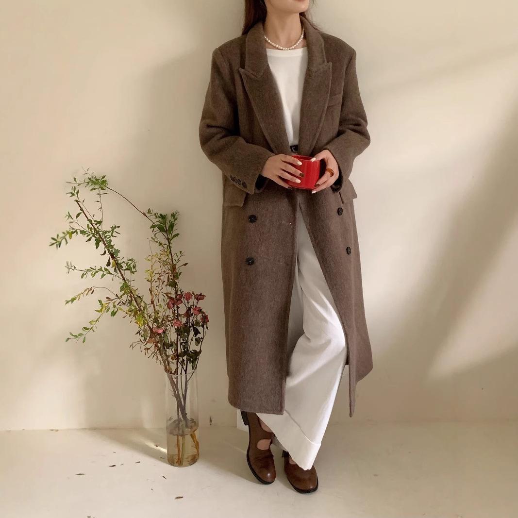 

Шерстяное пальто с воротником-лацканом в корейском стиле для женщин, осенний темперамент, узор «елочка» верблюжьей шерсти, двубортное длинное шерстяное пальто M