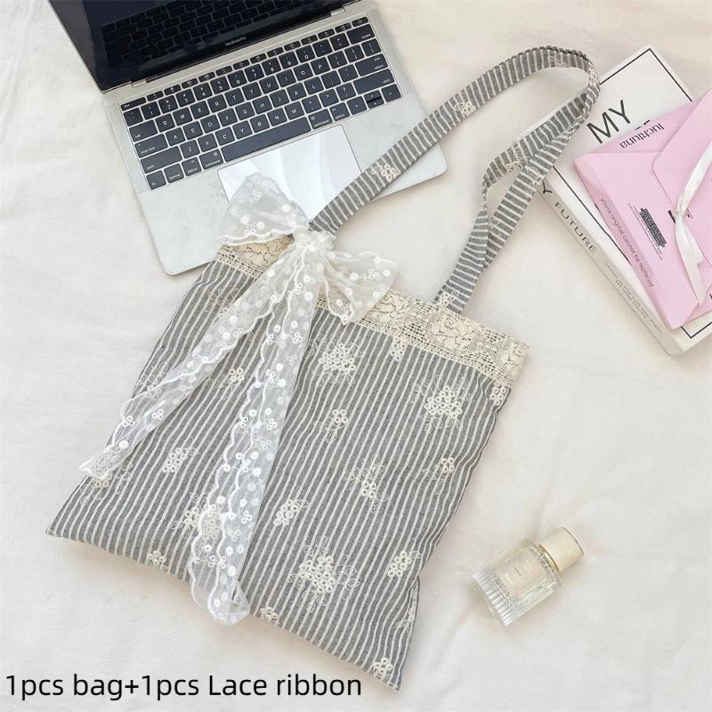 Big Pouch Tote Bag Lace Shoulder Bag With Ribbon Korean Style Simple Canvas Handbag Cloth Kawaii Large Capacity Bag Travel