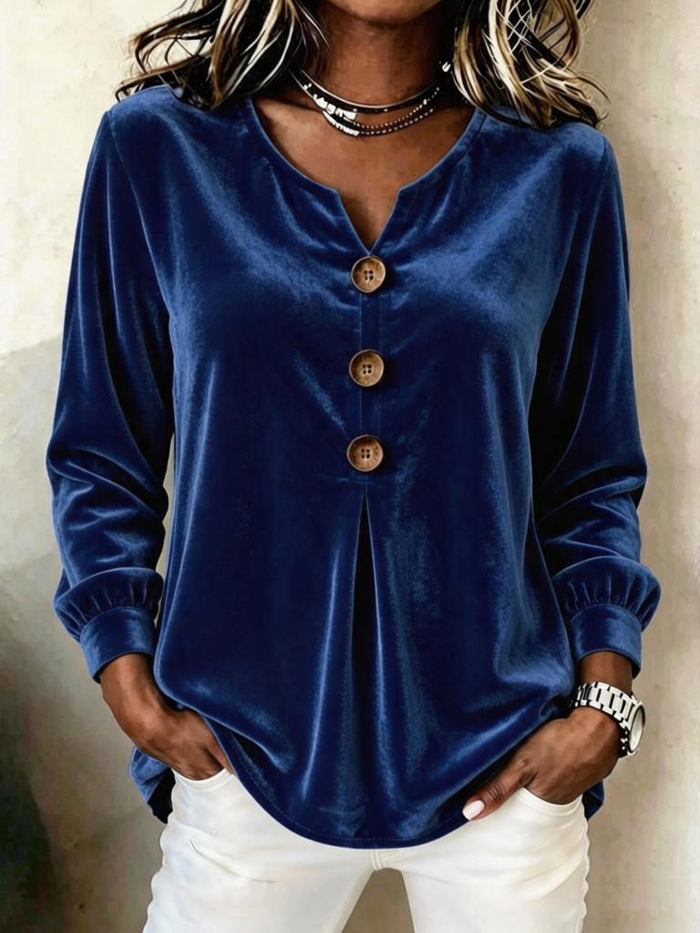 Blouse Boutonnée à Col en V en Velours pour Femme Haut Décontracté à Manches Longues Hauts Élégants en Satin