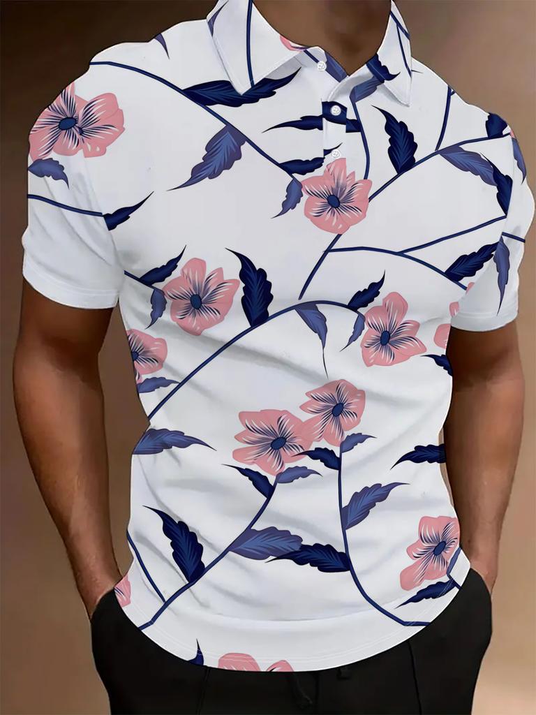 Print Design - Non-Textured Men'S Short Sleeve Polo - Flat Digital Print Pattern - A Design Made of Light Pink Flowers Paired with Deep Blue Leaves,