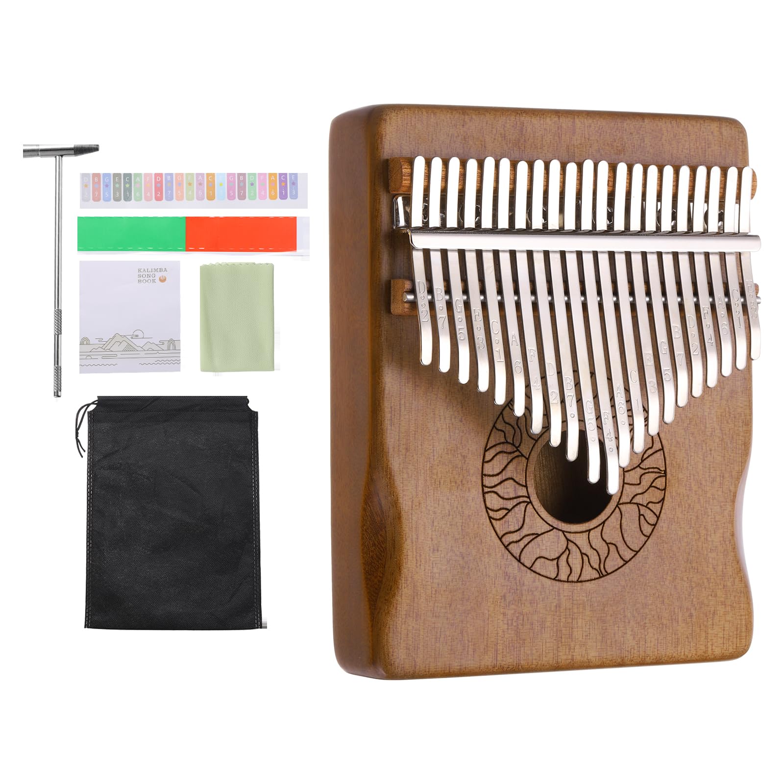 

uxcell 21-клавишное пианино для большого пальца, мини-портативное пианино для пальцев темно-коричневого цвета с цветочным поручнем из массива дерева коа, настроечным молотком и музыкальной тетрадью, подарок для