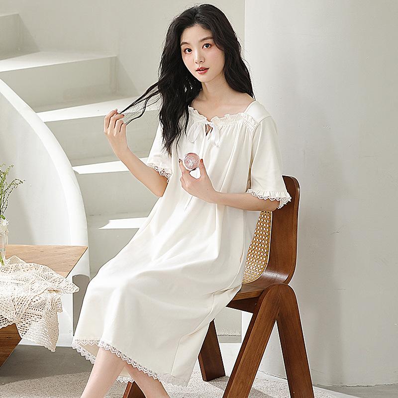 New nightdress women's summer medium and long solid color short-sleeved skirt with chest pad women's summer cotton pajamas dress homewear