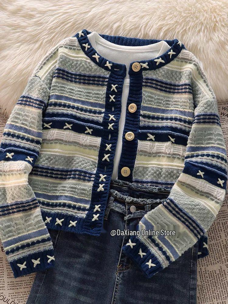 Retro Koreanischer Strick-Cardigan und Schlagjeans Set für Damen