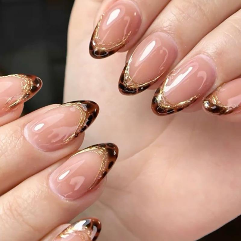 Gradient Brown Almond Press-On Nails - 3D Autumn Winter French Style