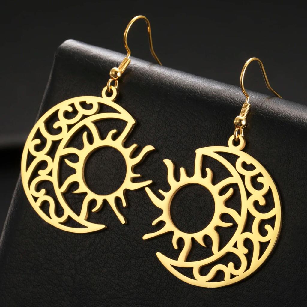 LIKGREAT Vintage Celtic Crescent Moon Sun Drop Dangle Earrings for Women Stainless Steel Good Luck Pendant Jewelry Birthday Gift