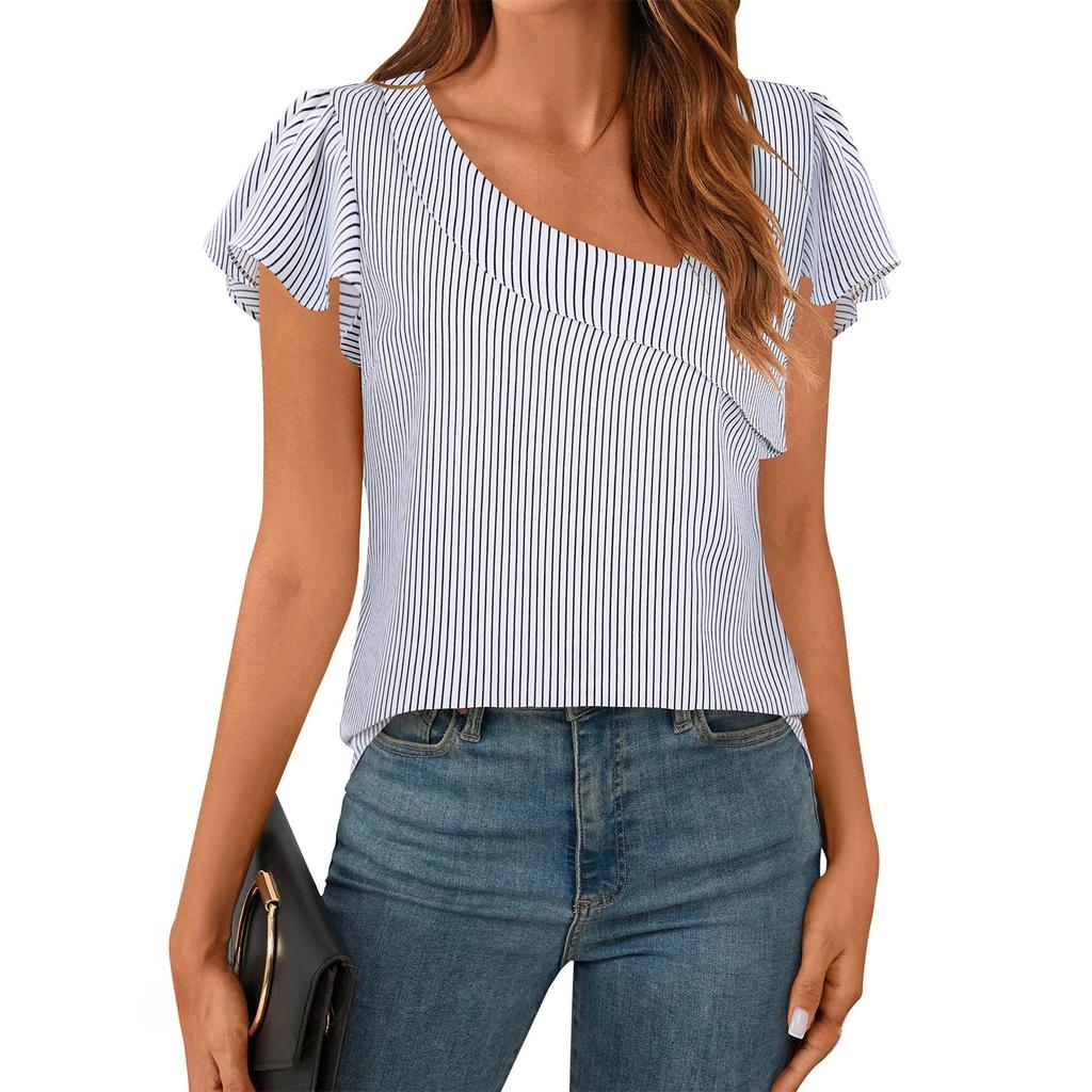 Womens Flowy Tunic Tops Short Sleeve Shirts Round Neck Ladies Blouses Summer Fashon