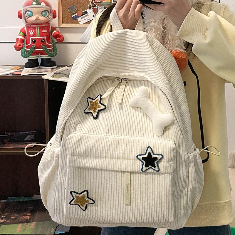 

Звездный женский японский вельветовый Y2K рюкзак для колледжа большой вместимости белый