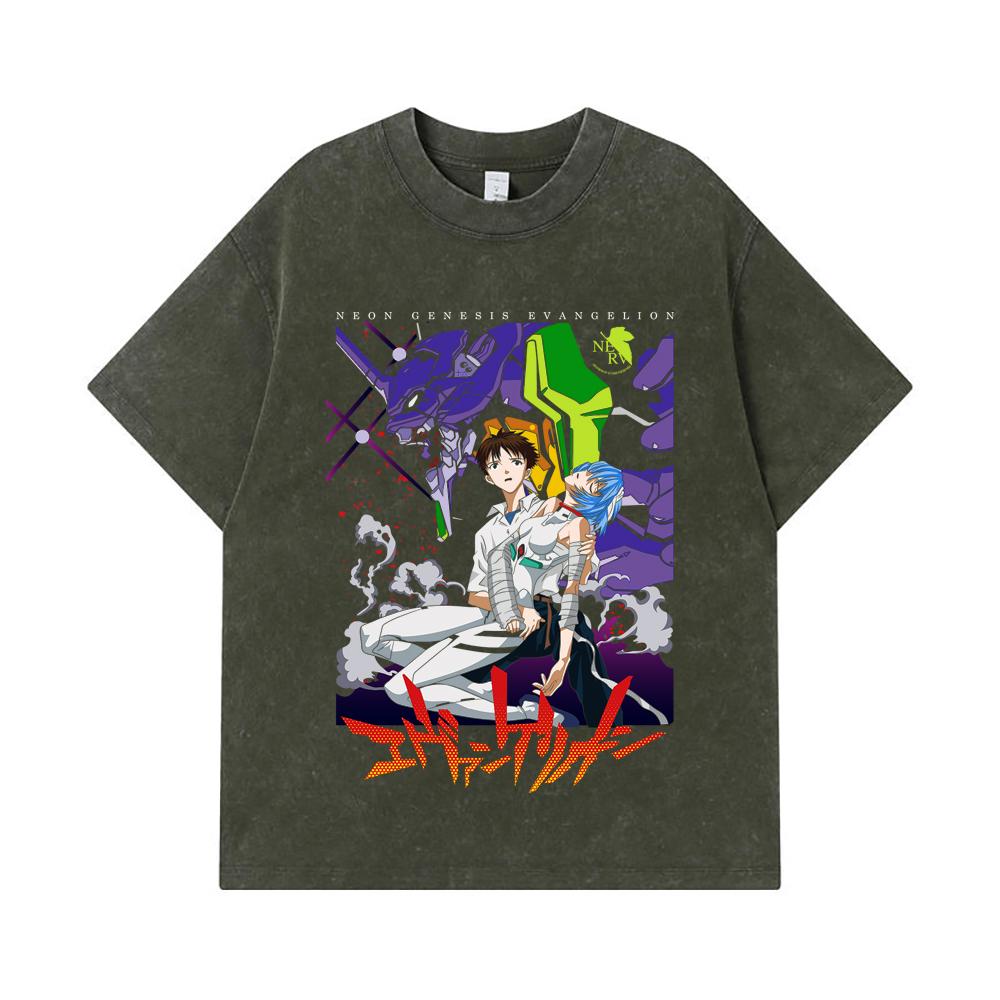 

275 GSM Washed T-shirts 100% Cotton Evangelion V1 Print Unisex Heavy Cotton T Shirt S армия зеленый
