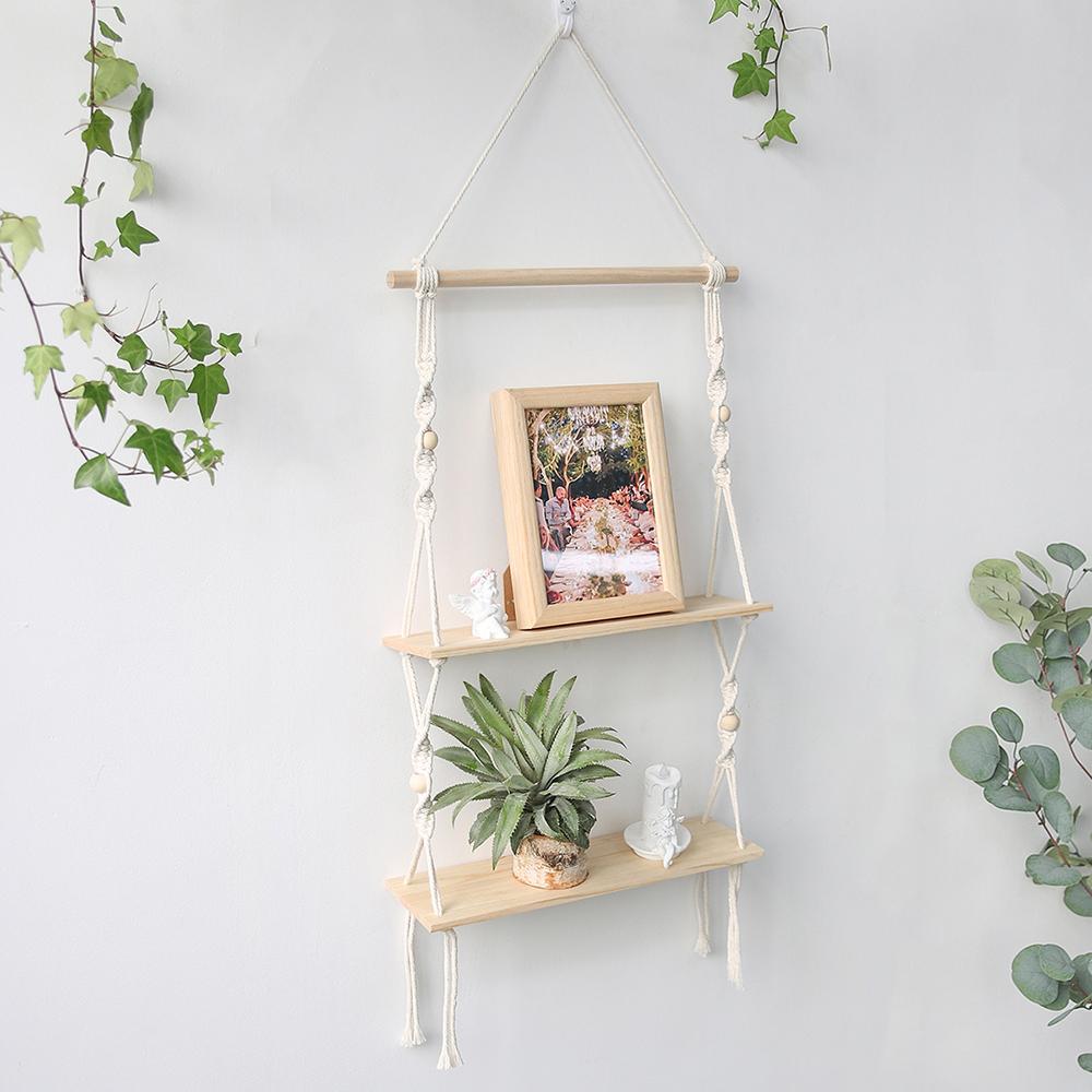 2-tier Floating Wall Shelf With Wooden Beads Home Decoration Boho Plant Flower Pot Tray Nordic Room Swing Display Shelf Art Gift
