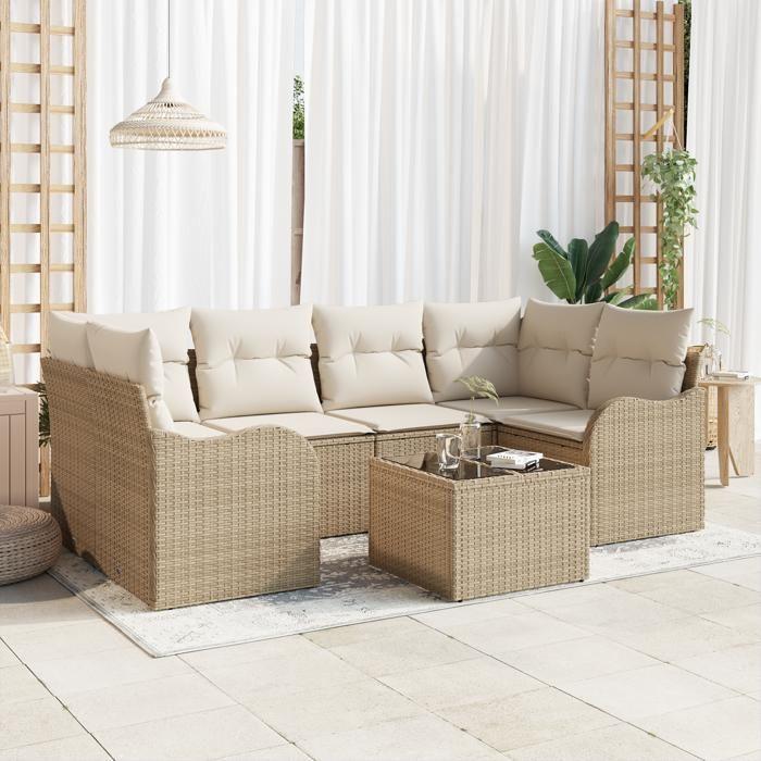 Ensemble de canapés de jardin 7 pièces avec coussins beige poly rotin, Canapé jardin 2 places avec coussins beige poly rotin 3345601