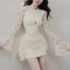Herbst Neues Elegantes Temperament Einfarbige Sexy Schlanke Ausgestellte Ärmel Taille Hüfte Kleid