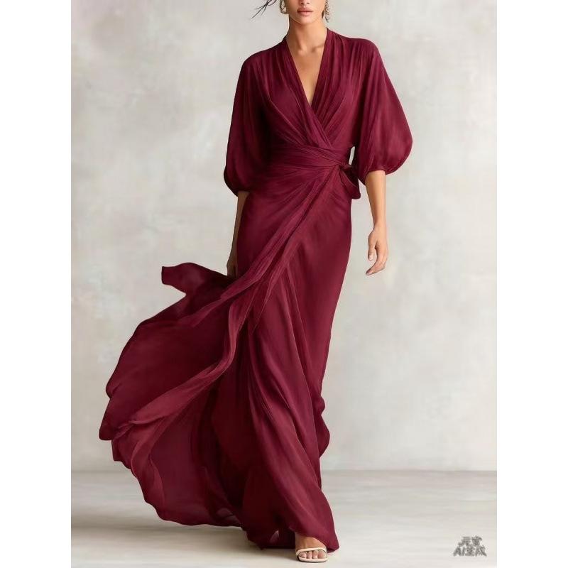 2026 European and American Socialites Deep V-neck Shoulder Lantern Sleeves Waist Long Dress Romantic Autumn Banquet