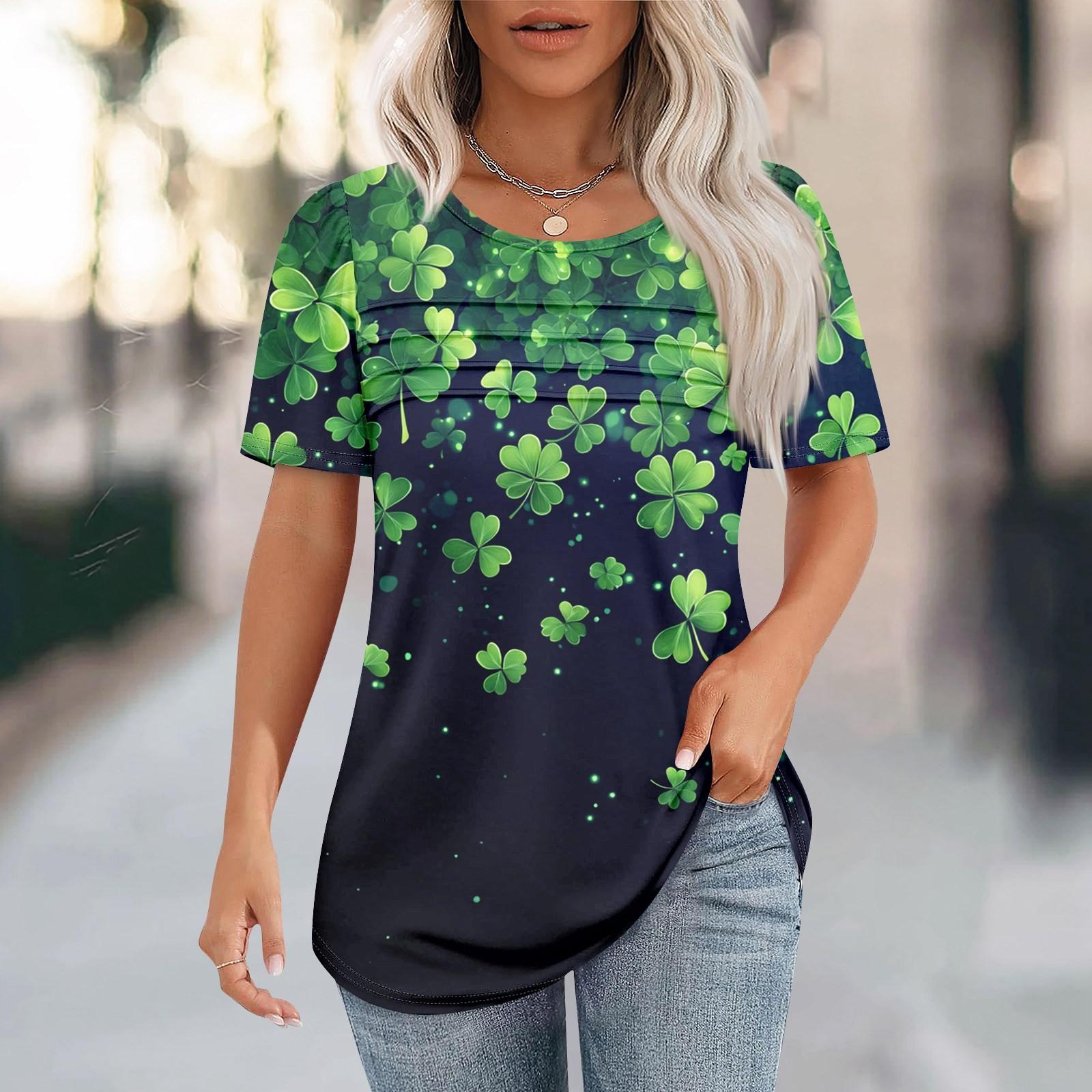 

Женская ул.. Ко Дню Святого Патрика с принтом, короткими рукавами, свободным воротом, плиссированным топом L синий