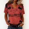 Haut pull décontracté à manches courtes et col en V pour femme, imprimé Halloween, coupe ample, t-shirt léger pour un usage quotidien