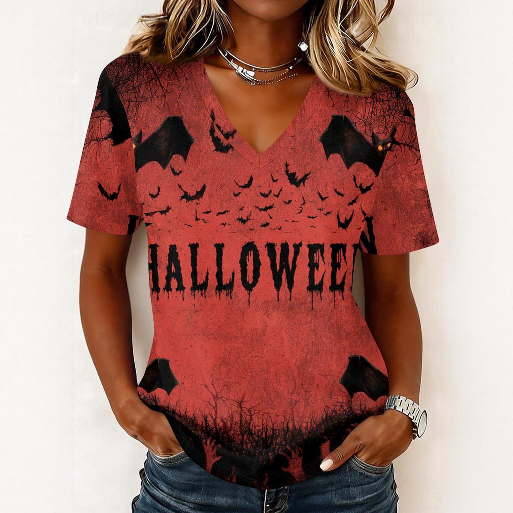 Haut pull décontracté à manches courtes et col en V pour femme, imprimé Halloween, coupe ample, t-shirt léger pour un usage quotidien