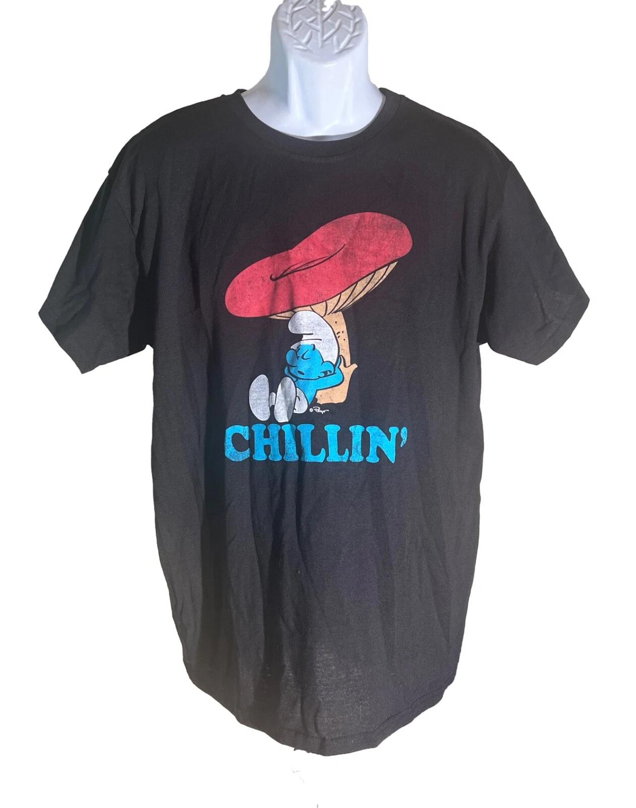 

THE SMURFS CHILLIN Short Sleeve Black 100% Cotton T-shirt Mens Tees Top Large S